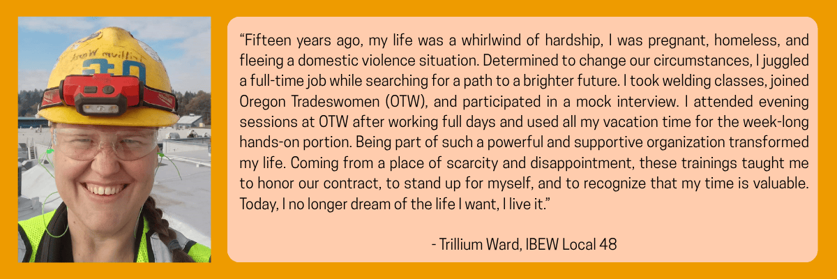 Female construction worker wearing a helmet with a headlamp, smiling outdoors.